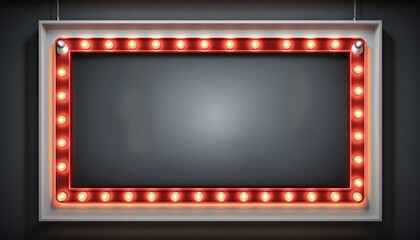Realistic red lightbox marquee frame with stars and neon bulb lamps on wall background.
