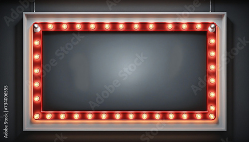 Realistic red lightbox marquee frame with stars and neon bulb lamps on wall background.