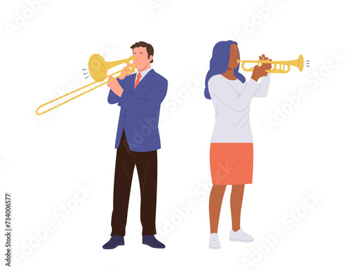 Talented man and woman musicians cartoon characters playing wind instruments performing concert