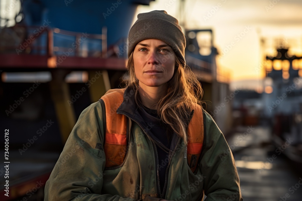 Breaking Barriers: A Powerful Portrait of a Woman Dockworker Amidst the Industrial Harbor Scenery Breaking Barriers: A Powerful Portrait of a Woman Dockworker Amidst the Industrial Harbor Scenery