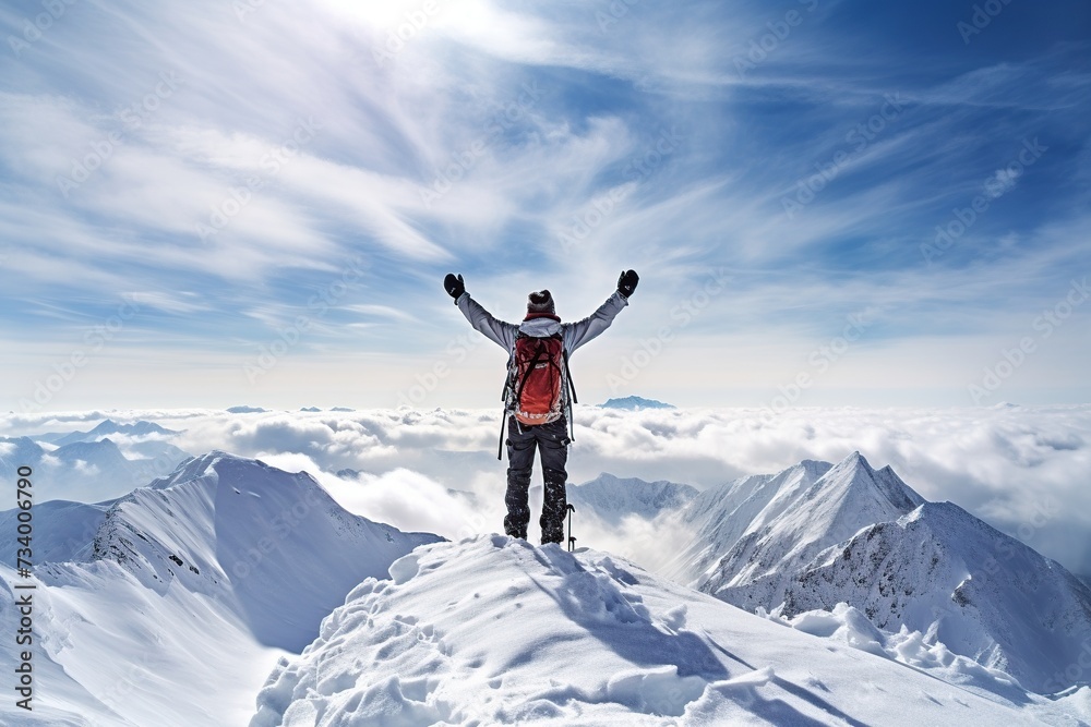 The climber stands on the top of the mountain with his back to the camera, with his hands up in the air, amidst shining white snow against a clear blue sky.