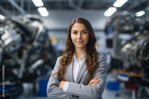 An inspiring portrait of a woman breaking barriers in the Aerospace Engineering field, standing in her technical workspace