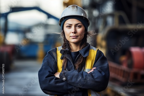 A Glimpse into the Life of a Female Dockyard Worker Amidst the Rugged Industrial Scenery