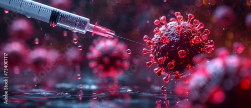 Virology medicine science background banner panorama long wide illustration - vaccination injection against corona virus, covid, flu, microscopic view of influenza virus cells,3d viruses texture photo