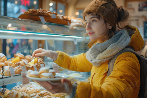 female seller puts fresh pastries on display and sells them to customers