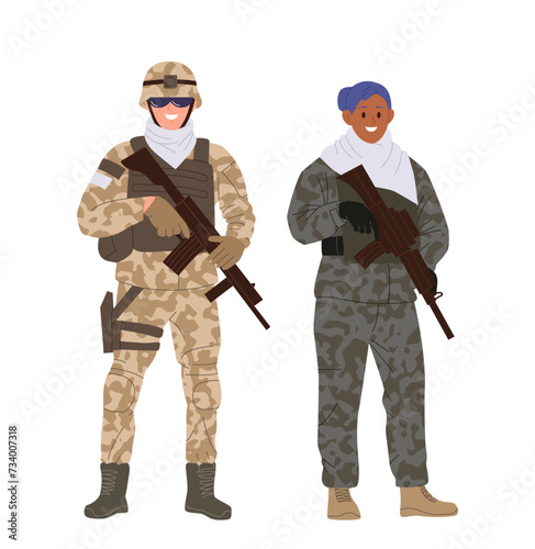 Infantry man and woman cartoon characters in camouflage holding rifle gun isolated on white