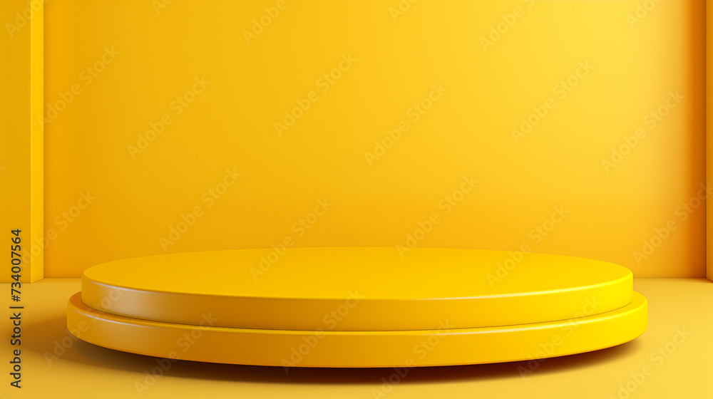 A circular product podium in a lemon yellow, with a smooth surface and reflective properties. A circular product podium in a lemon yellow, with a smooth surface and reflective properties.