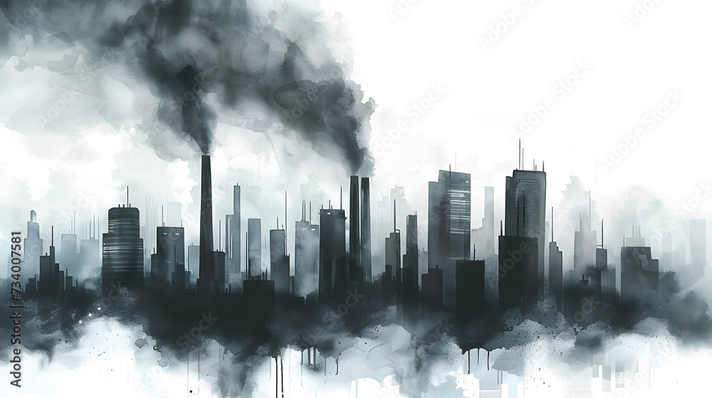 Pollution concept. Black cityscape minimalist with smoke clouds isolated on white background