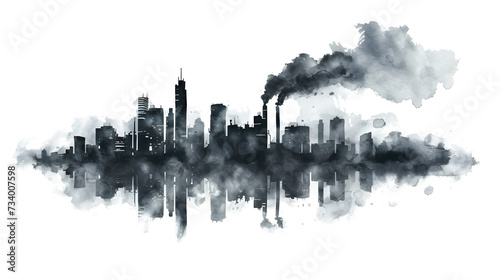 Pollution concept. Black cityscape minimalist with smoke clouds isolated on white background