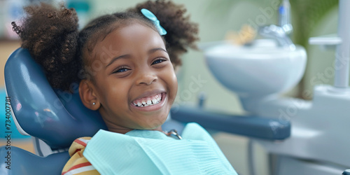 African American elementary school girl sitting in dentist chair exposing white teeth. Creative banner with happy child kid for pediatric dentistry. Children treatment teeth, medical checkup concept photo
