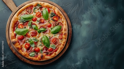 Pizza with tomato, cheese and ham, on a dark background, top view