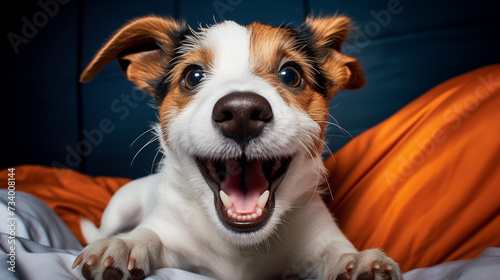 A Jack Russell Terrier puppy with a brown and white coat  playfully tugging at an orange rope toy on a luxurious white bedspread.