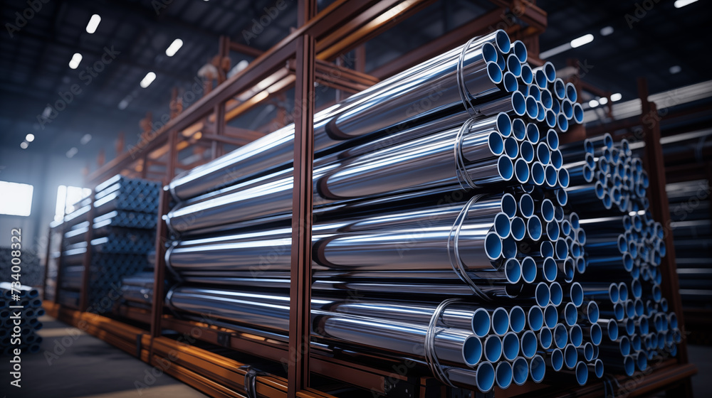 A warehouse stack of shiny new industrial metal tubes for construction and engineering.