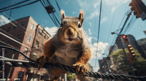 A squirrel ascending a power line with urban buildings in the background. 
