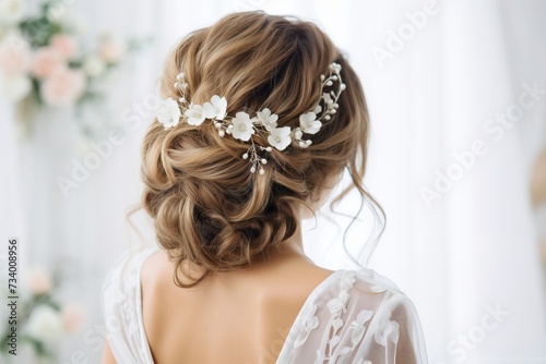eine Braut von hinten, die einen eleganten Hochzeitsfrisur mit eingearbeiteten Haaraccessoires trägt. Ihr Haar ist zu kunstvollen Locken aufgesteckt
