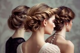 3 Frauen von hinten, die einen eleganten Hochzeitsfrisur mit eingearbeiteten Haaraccessoires trägt. Ihr Haar ist zu kunstvollen Locken aufgesteckt
