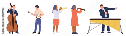 Different inspired people musicians cartoon characters playing jazz music with various instrument