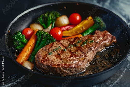 Cooked steak with vegetables in a frying pan