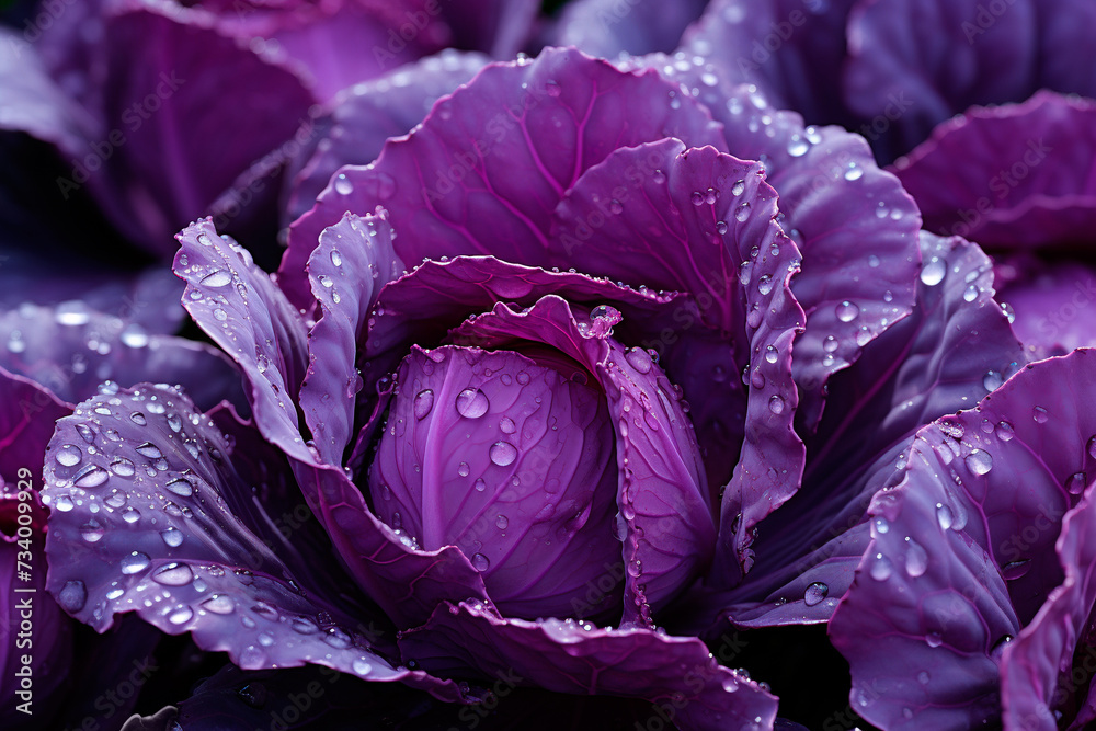 Obraz premium Red cabbage with water drops close-up in the field