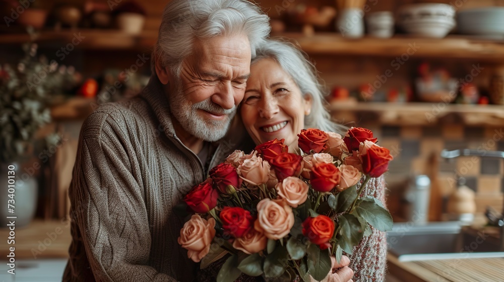 Happy old man and woman being romantic in Valentines day