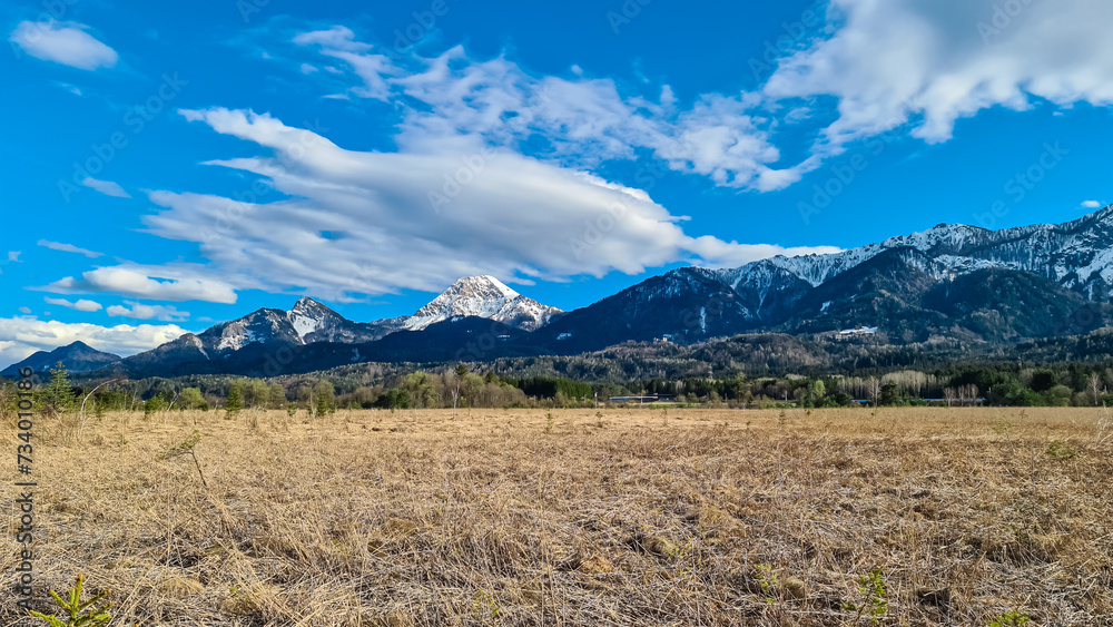 Scenic view of majestic snow capped mountain peak Mittagskogel in Karawanks, Carinthia, Austria. Landscape of Finkensteiner Moor covered by golden dry grass and reed. Idyllic hiking trail in spring