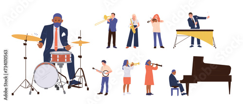 Different man and woman musicians cartoon characters playing various musical instrument big set