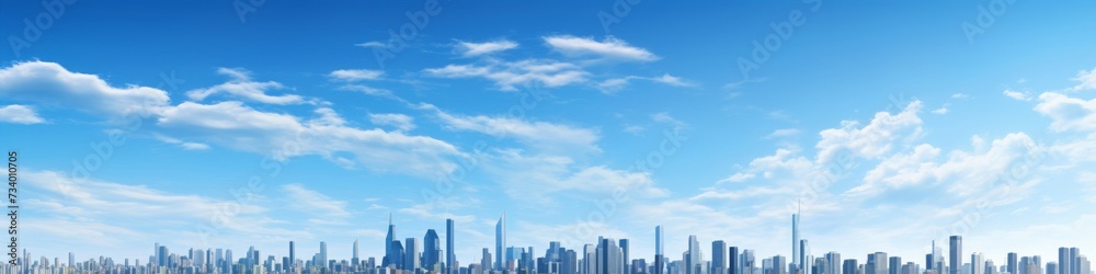 A panoramic view of the citys skyline,  highlighted by a cloudless day