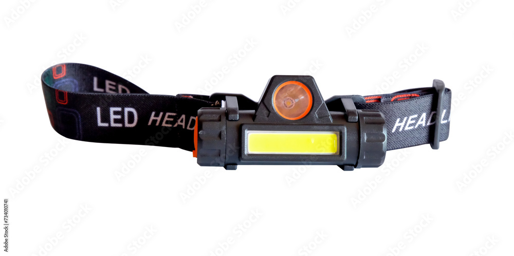 LED headlamp or head torch LED flashlight on white background. LED headlamp or head torch LED flashlight on white background.