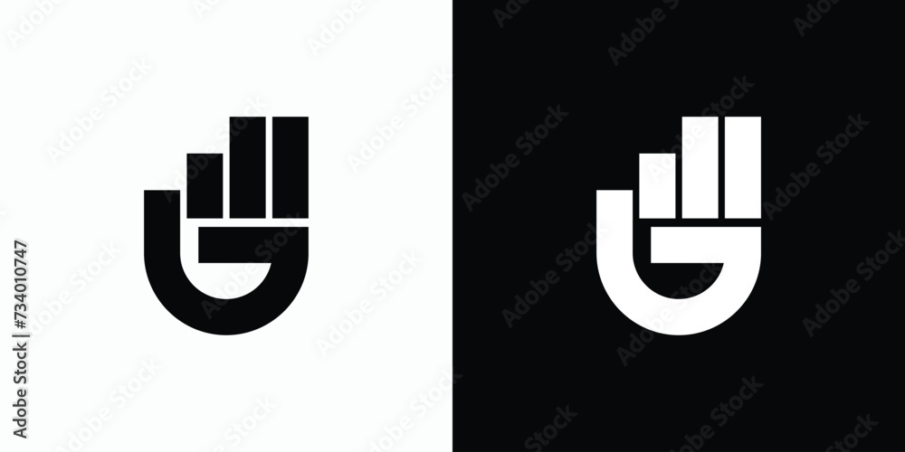 Vector logo design illustration of a hand showing a two-finger gesture and the letter G initial. - obrazy, fototapety, plakaty 