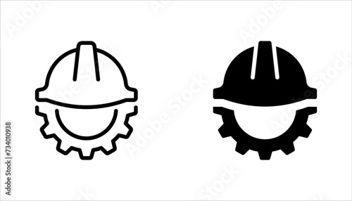 Construction helmet on the gear icons set. Construction, labor and engineering symbols. vector illustration on white background