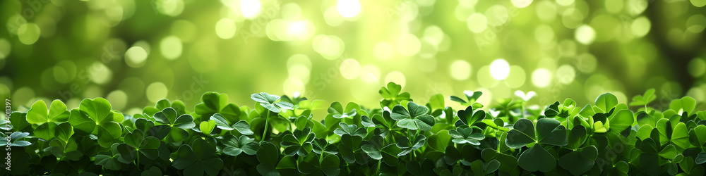 St patricks day banner. Border with lucky clover leaves on green background with copy space. St. Patrick's day concept. Shamrocks Irish holiday symbol. Templates for celebration, ads, greeting card St patricks day banner. Border with lucky clover leaves on green background with copy space. St. Patrick's day concept. Shamrocks Irish holiday symbol. Templates for celebration, ads, greeting card