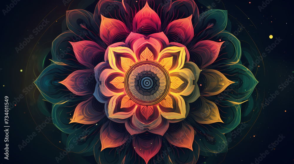 Intricate mandala with numerous vibrant patterns Intricate mandala with numerous vibrant patterns