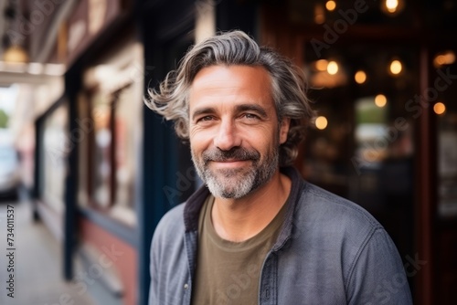 Portrait of a handsome middle-aged man smiling in the city photo