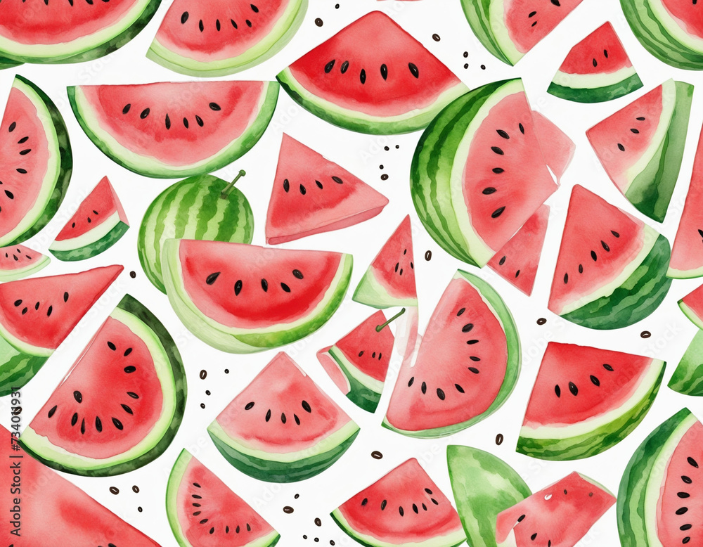 Watercolor painting of a watermelon slice on white background
