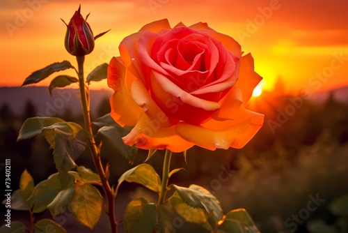 A tangerine-colored rose basking in the glow of a vibrant sunset © Kanwal