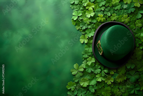 St patricks day banner. Irish top hat with lucky clover leaves on green background with copy space. St. Patrick's day flat lay concept. Leprechaun Irish holiday symbol. Templates for ads greeting card