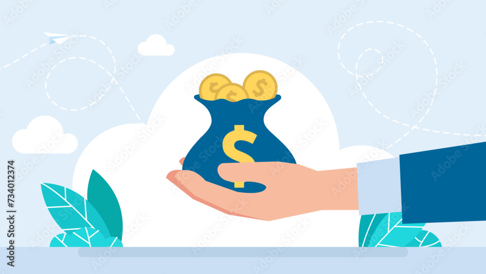 Money. Hand holding money bag full of gold coins. Businessman hand holding a bag filled with gold coins. Donation, sponsorship, bank loan concept with male palm hold full bag. Vector Illustration Money. Hand holding money bag full of gold coins. Businessman hand holding a bag filled with gold coins. Donation, sponsorship, bank loan concept with male palm hold full bag. Vector Illustration