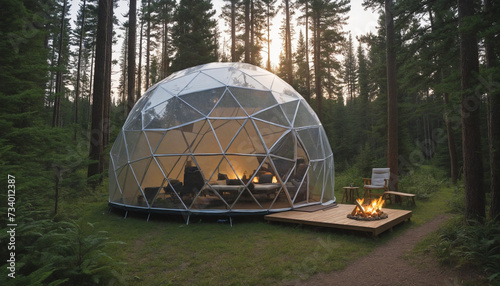 Forest Glamping Bubble Dome with LED Lights at Campsite