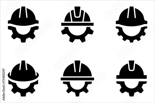Construction helmet on the gear icons set. Construction  labor and engineering symbols. vector illustration on white background
