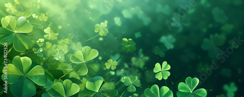 St patricks day banner. Frame with lucky clover leaves on green background with copy space. St. Patrick's day concept. Shamrocks Irish holiday symbol. Templates for celebration, ads, greeting card photo