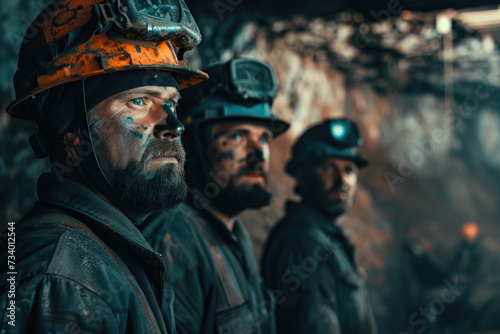 multiracial miners in safety helmets in a mine extract minerals coal © Kien