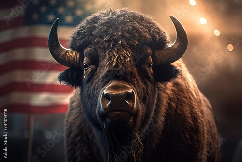 Digital Rendering of Bison Close-Up with American Flag Background for Cover Art and Wallpaper