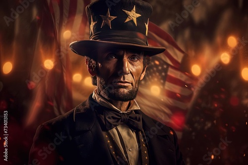 Historic Portrait of Abraham Lincoln in Top Hat Standing in Front of American Flag