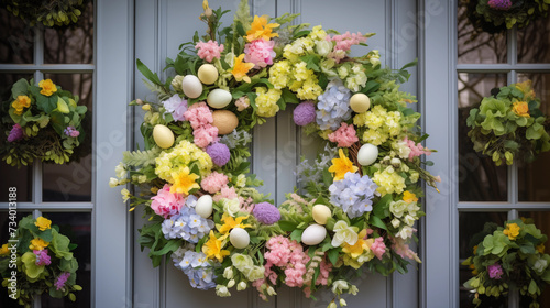 Easter wreath with eggs and flowers in front of a door © Татьяна Евдокимова
