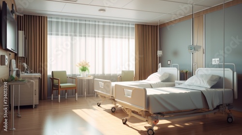 Empty double room in a hospital with two beds. photo