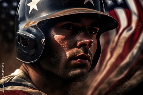 Confident Patriot: Man Wearing Baseball Helmet with American Flag Background - 4th of July photo