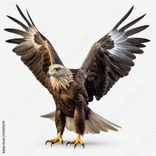 Eagle flying, full body, on a white background.