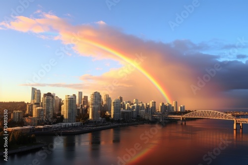 beautiful landscape with rainbow, city and sky . ai generated