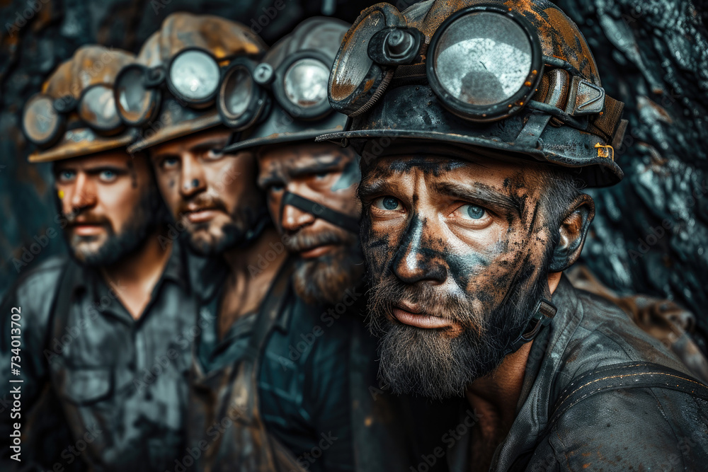 multiracial miners in safety helmets in a mine extract minerals coal