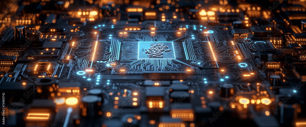 Blue-lit chip with chess pieces pattern on a detailed circuit board